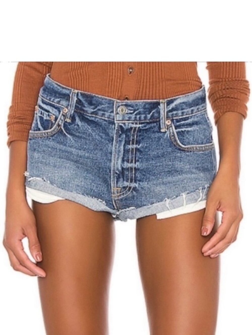 GRLFRND‎ Jean Shorts 28 Honey Dew Blue Cuffed Raw Hem Western Summer Coastal